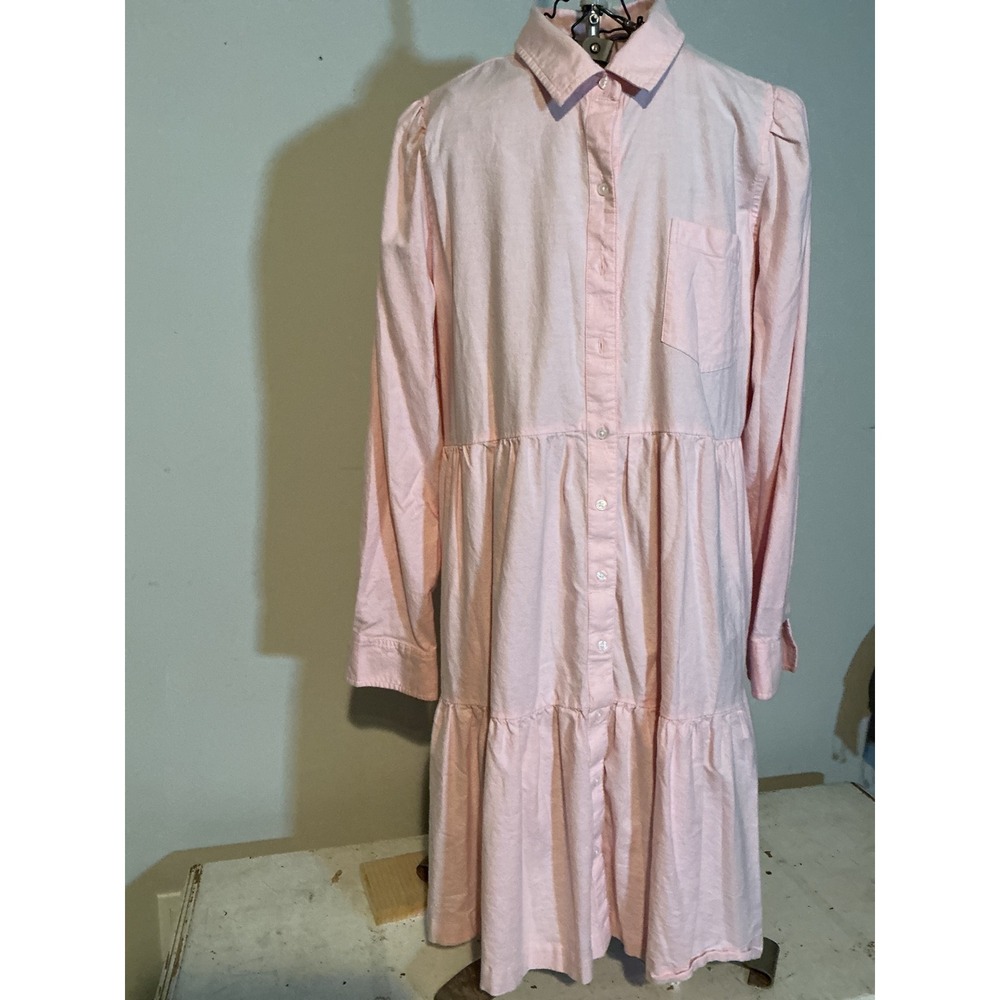 Crown & Ivy Womens Pink Tiered Shirt Dress Long Sleeve Cotton Blend Size L - Picture 1 of 6